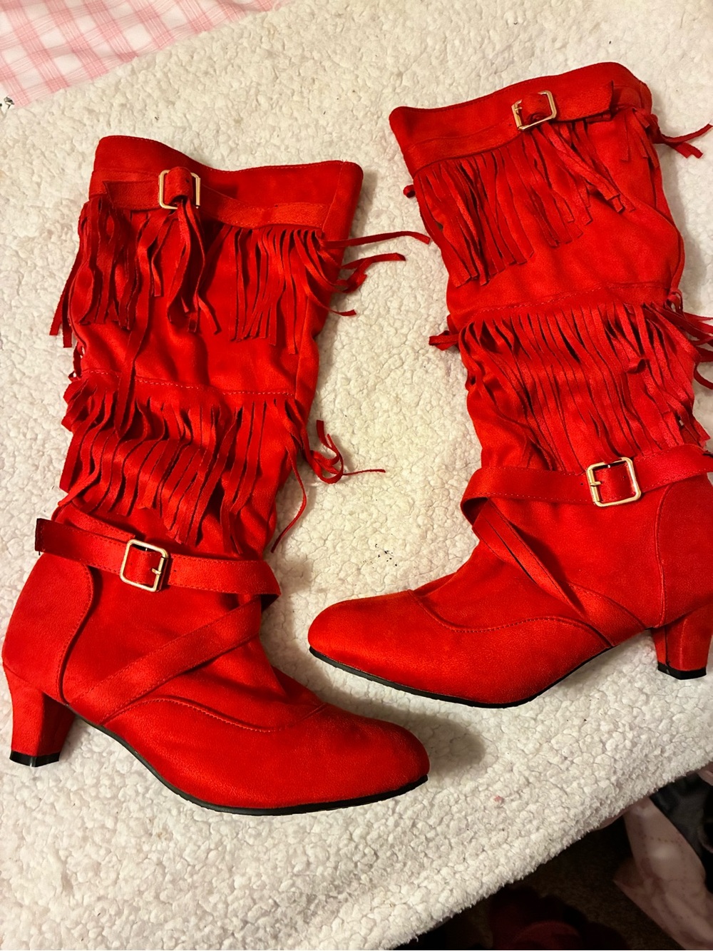 Red Fringe Mid-Calf Boots with Buckle Accent - Women Shoes